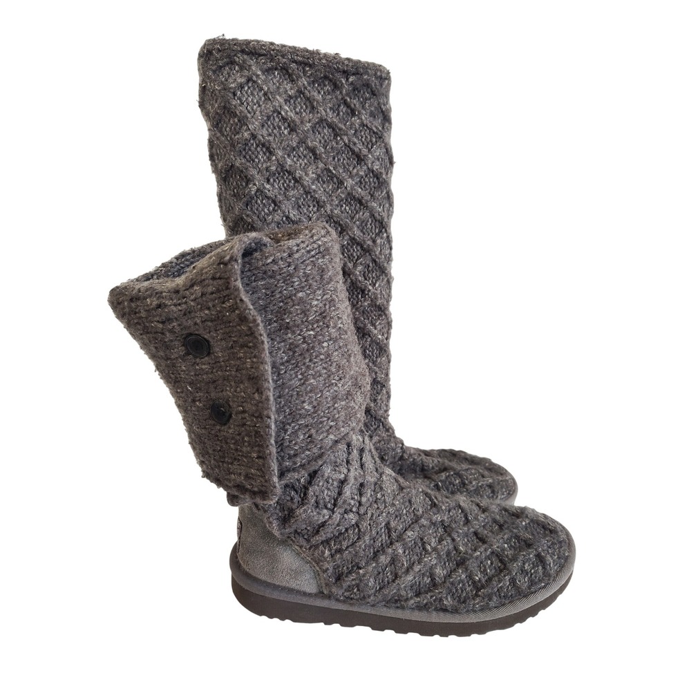 Ugg Boots Womens 7 Lattice Cardy Tall 5866 Grey Knit Triple Button Sweater Wool